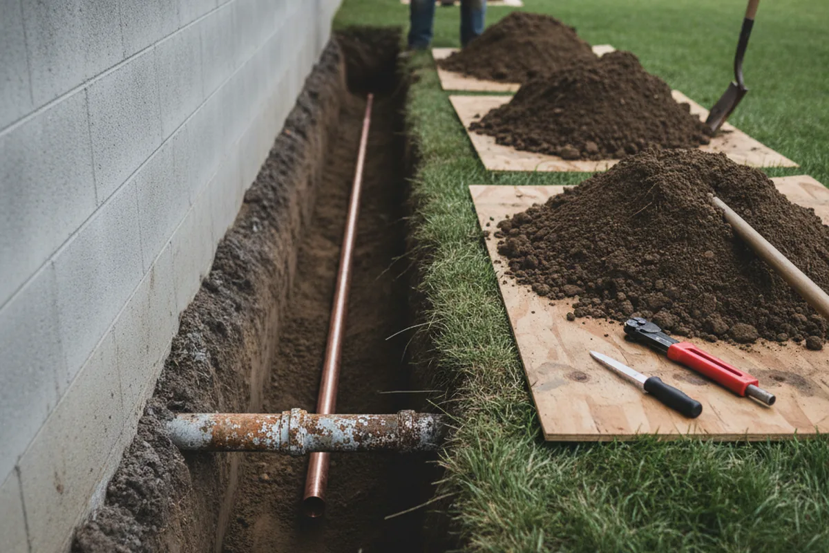Excavated water line trench during Sewer Line Repair in Wiconisco